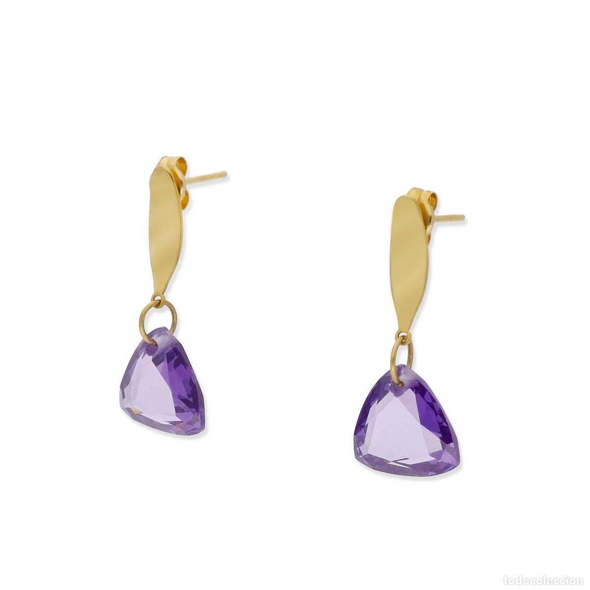 Joyeria: Pendientes, oro amarilo 18k y amatista natural en forma triangular - Foto 3