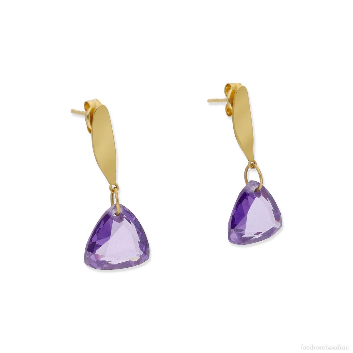 Joyeria: Pendientes, oro amarilo 18k y amatista natural en forma triangular - Foto 4