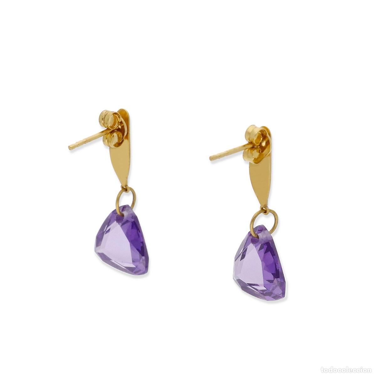 Joyeria: Pendientes, oro amarilo 18k y amatista natural en forma triangular - Foto 5