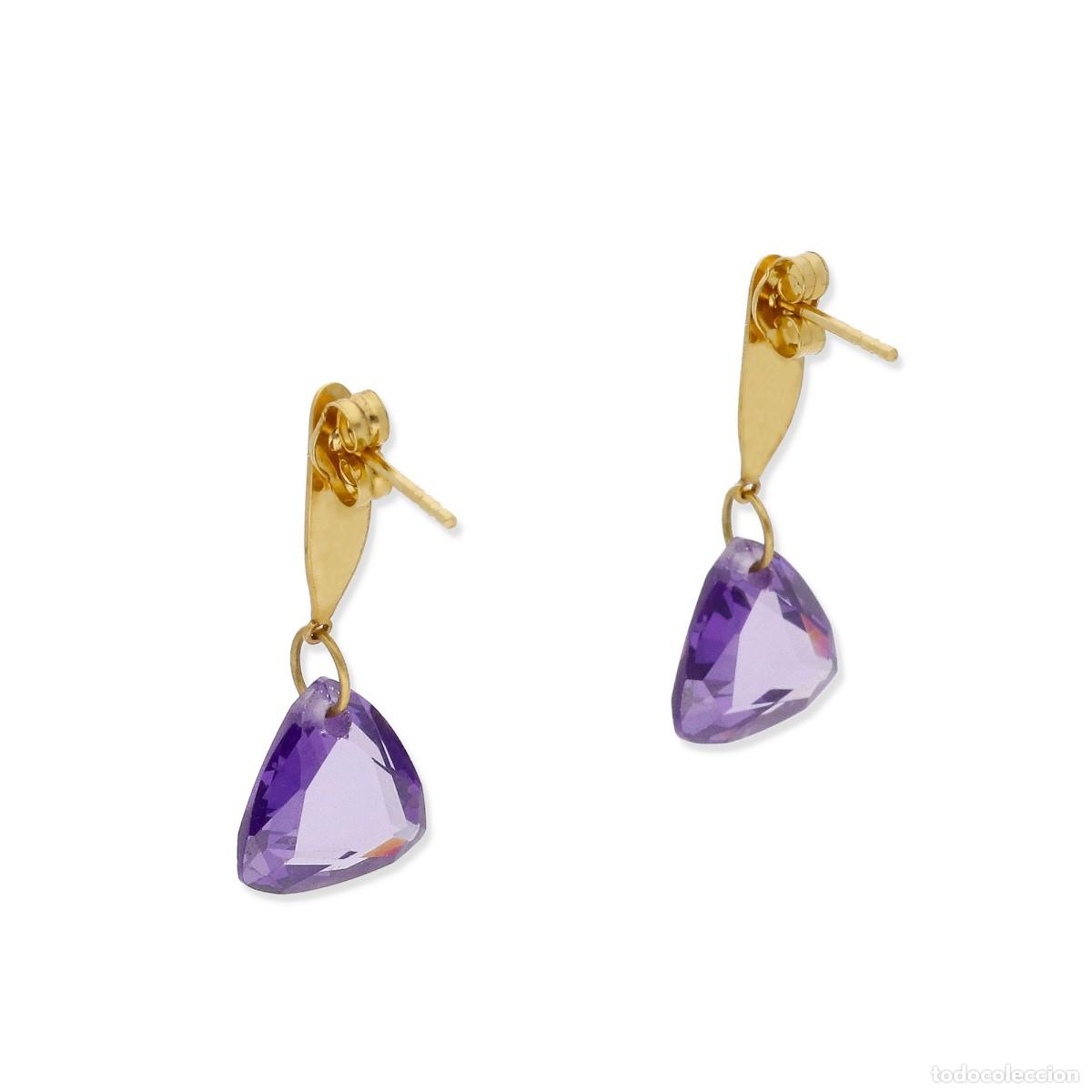 Joyeria: Pendientes, oro amarilo 18k y amatista natural en forma triangular - Foto 6