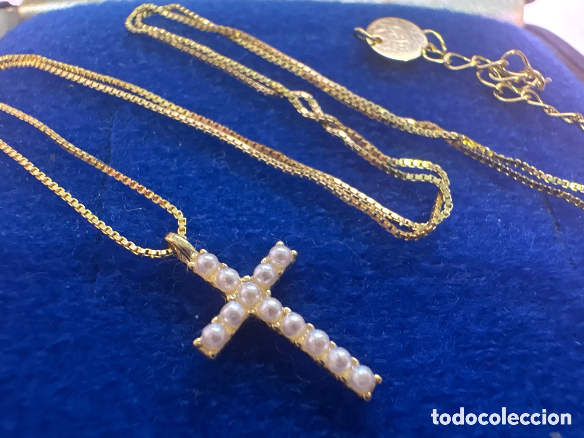 Joyeria: Cadena y colgante cruz con perlas plata de ley 925 dorada (A4)