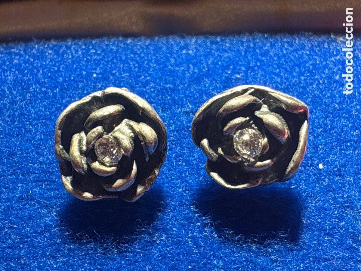 Joyeria: Pendientes flores Rosa en plata de ley 925 a&ntilde;os 70 con piedra brillante central (A4)
