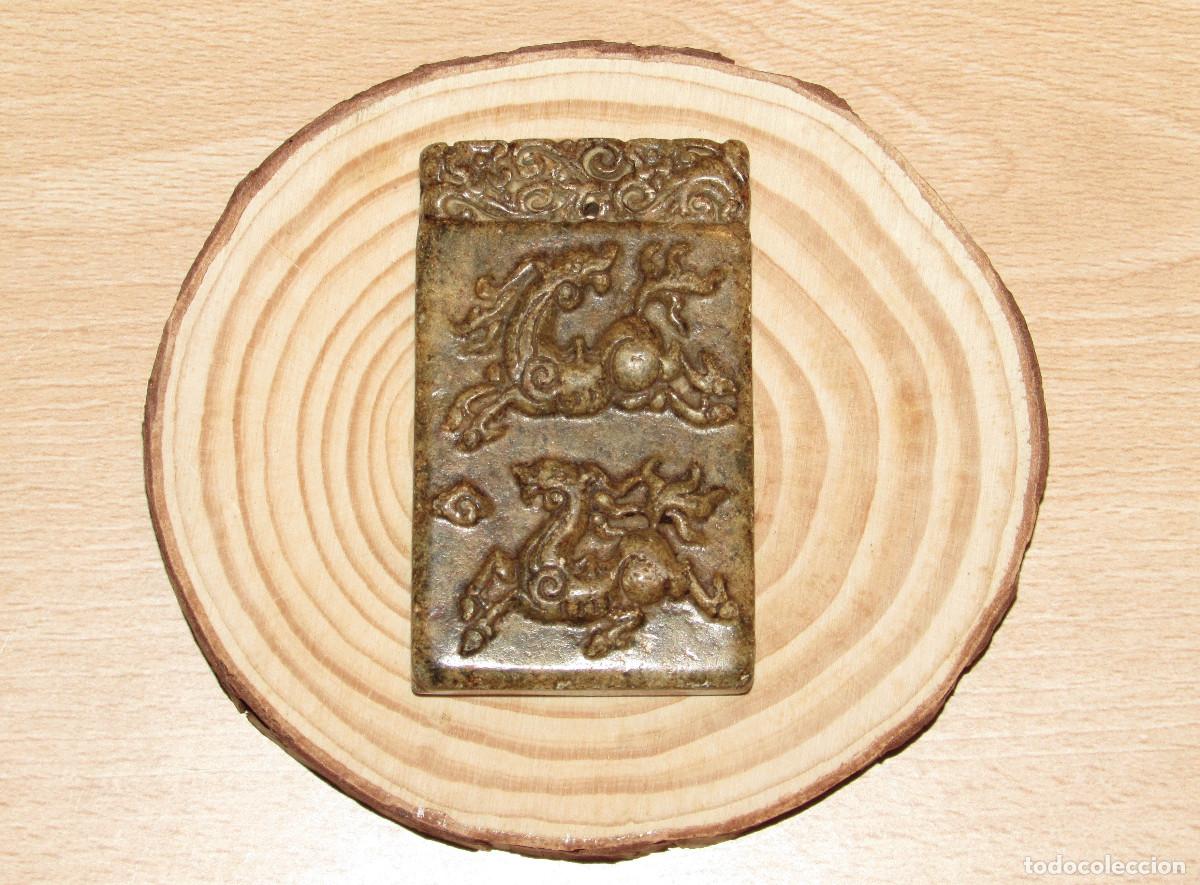 Schmuck: Colgante oriental asi&aacute;tico chino mitolog&iacute;a China piedra jade verde 2 le&oacute;n mitol&oacute;gico Qilin Quilin