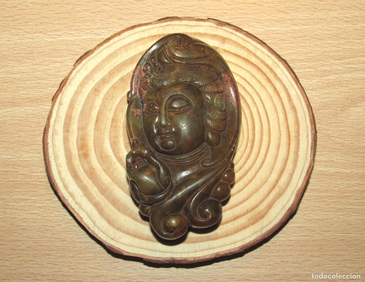 Schmuck: Colgante medall&oacute;n oriental asi&aacute;tico piedra jade nefrita Guanyin Guan Quan Kuan Kwan Yin Diosa Buda