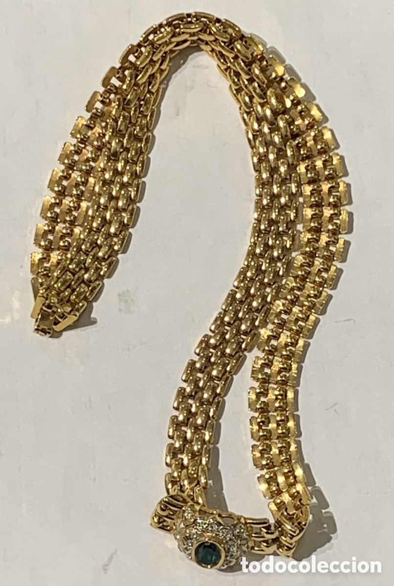 Joyeria: Gargantilla. Metal Dorado. Piedra verde y Marcasitas. A&ntilde;os 70.