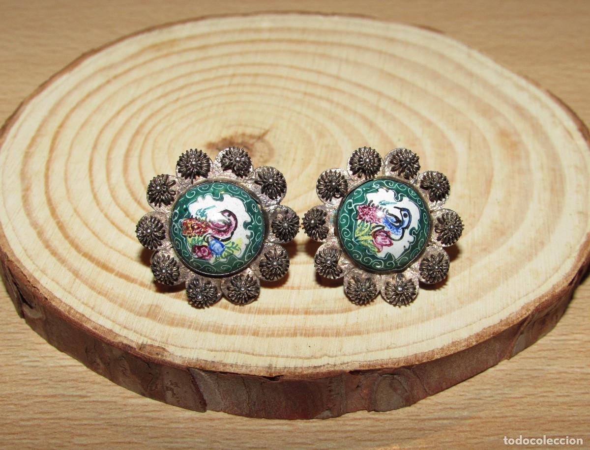 Joyeria: Antiguos pendientes Art nouveau persas filigrana Oriente medio miniaturas aves pintadas a&ntilde;os 20