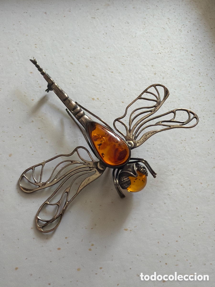 Joyeria: Broche antiguo de plata y &aacute;mbar