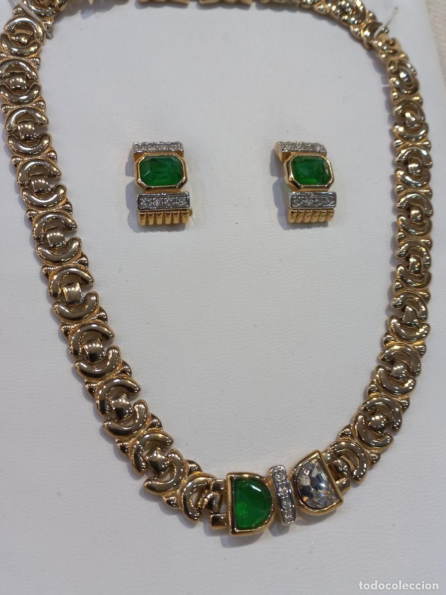 Joyeria: GARGANTILLA Y PENDIENTES (chapado) cadena ancha plana-verde y cristal