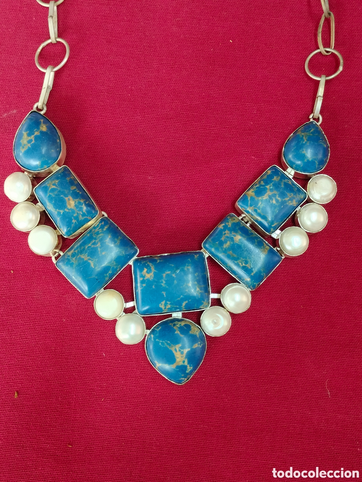 Joyeria: Gargantilla collar de plata 925 con jaspe imperial azul y perlas