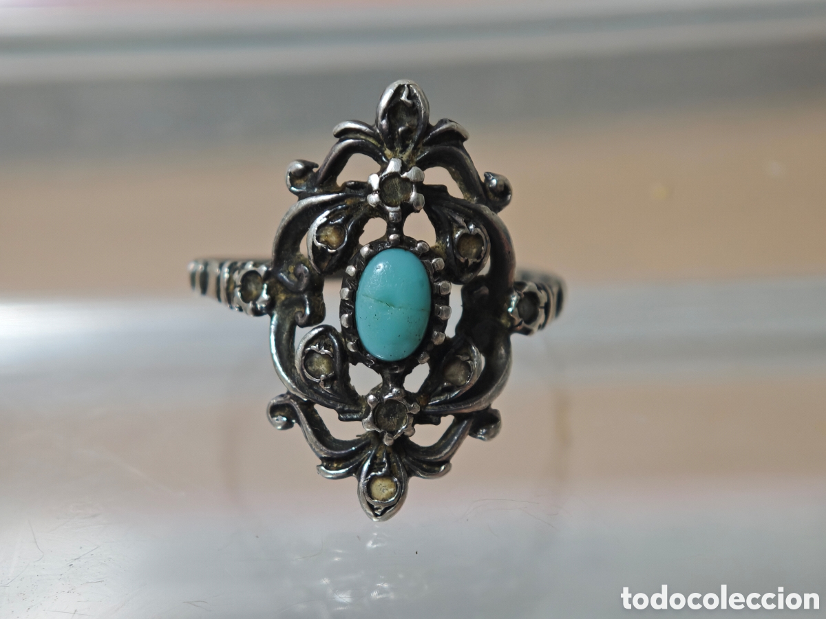 Joyeria: Anillo antiguo de filigrana con turquesa plata de ley - Foto 2