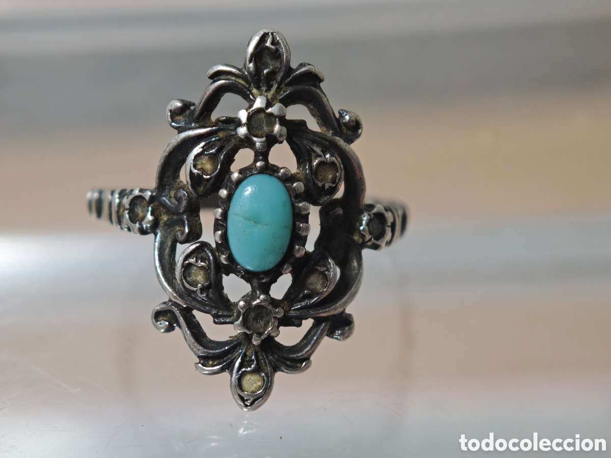 Joyeria: Anillo antiguo de filigrana con turquesa plata de ley - Foto 3