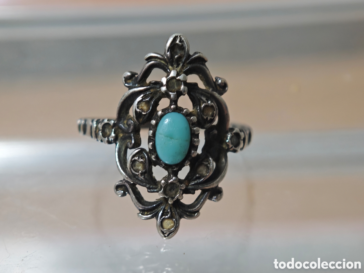 Joyeria: Anillo antiguo de filigrana con turquesa plata de ley - Foto 4