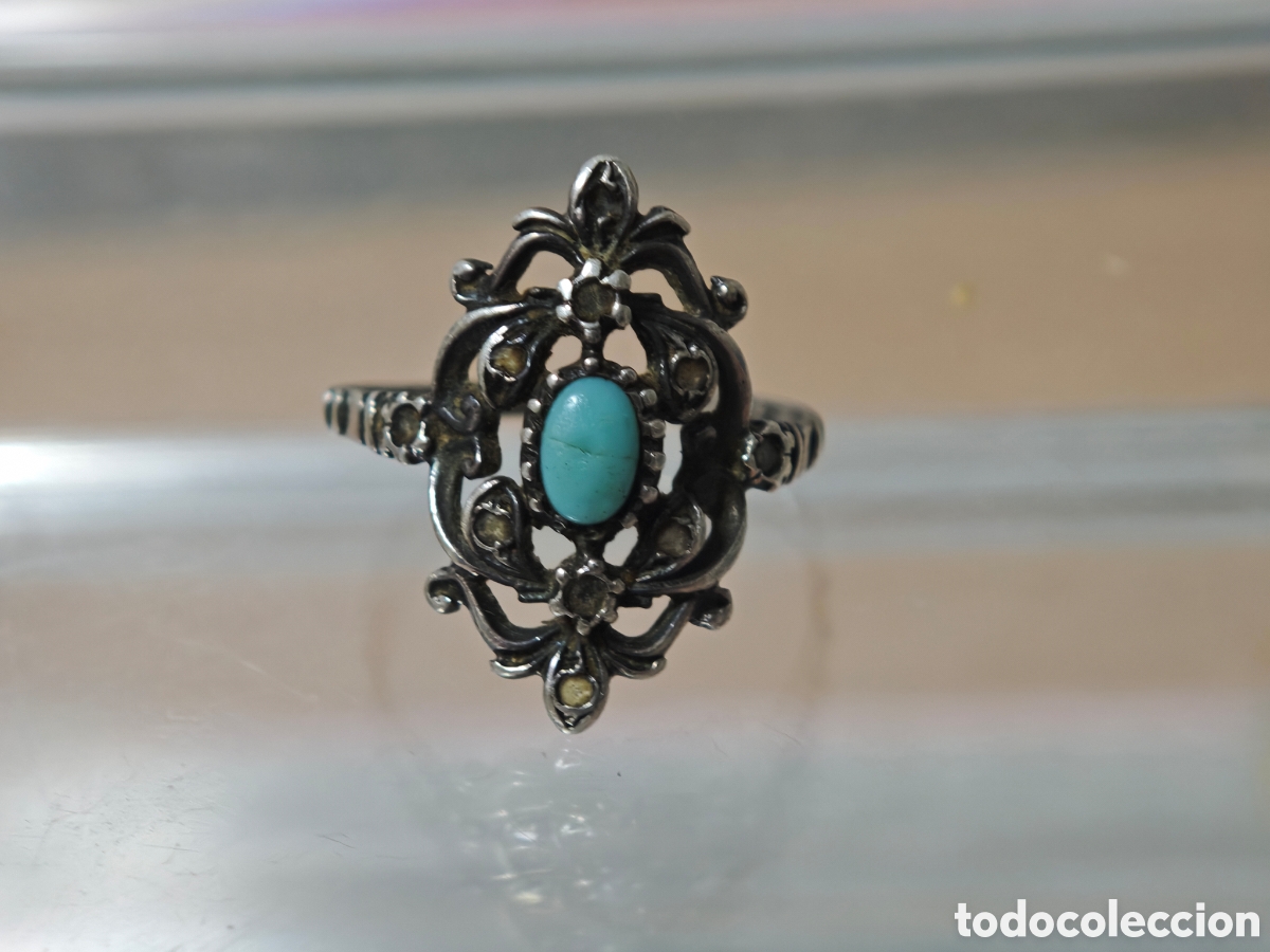 Joyeria: Anillo antiguo de filigrana con turquesa plata de ley - Foto 5