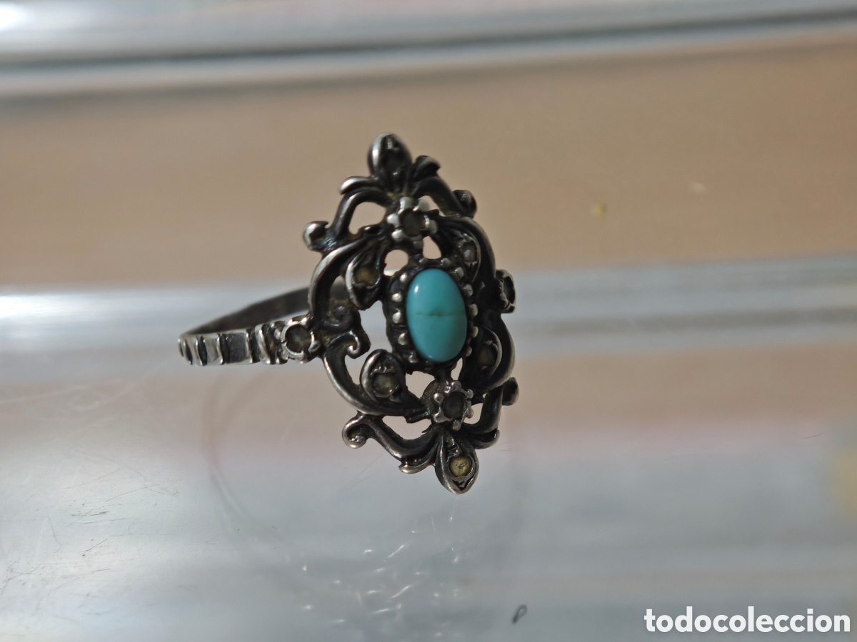 Joyeria: Anillo antiguo de filigrana con turquesa plata de ley - Foto 7