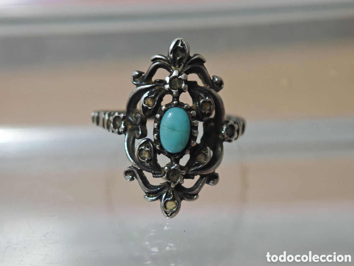 Joyeria: Anillo antiguo de filigrana con turquesa plata de ley
