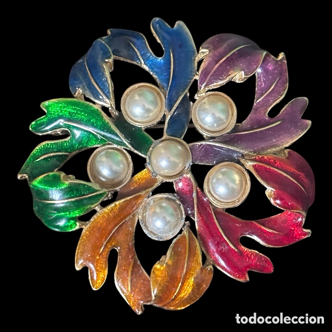 Joyeria: MAXI BROCHE VINTAGE ENNY MONACO MADE IN ITALY &ndash; ESMALTE MULTICOLOR Y PERLAS, 6.5 CM