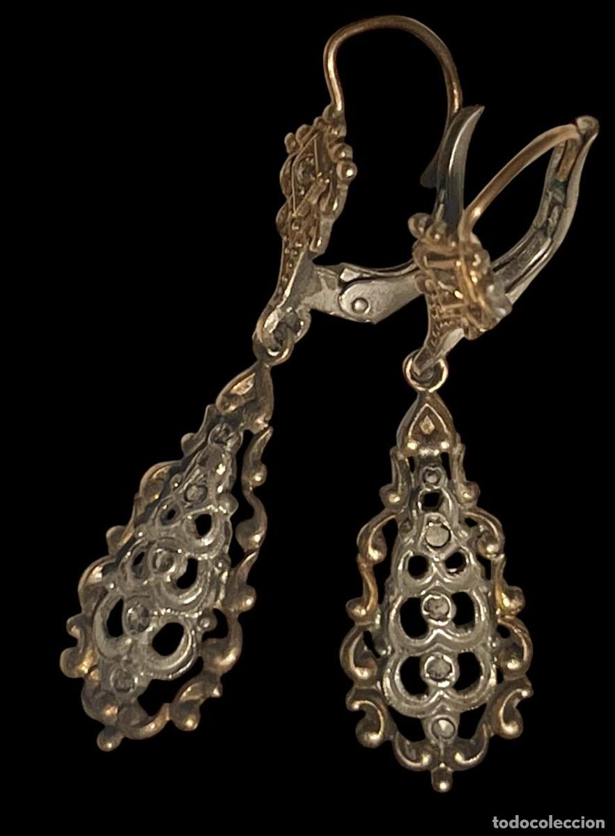 Joyeria: Delicados pendientes antiguos en plata 900 y oro18,con marquesitas estilo isabelino