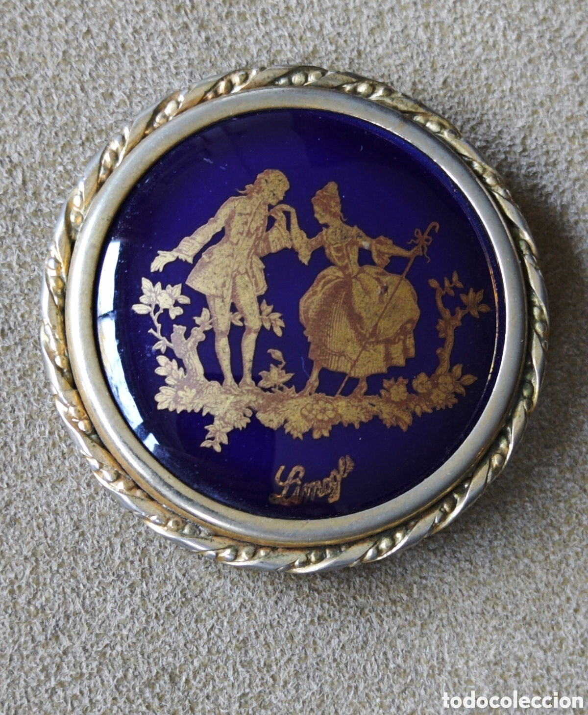 Joyeria: ANTIGUO BROCHE LIMOGES PORCELANA AZUL COBALTO ESCENA GALANTE ROCOC&Oacute; FRANCIA