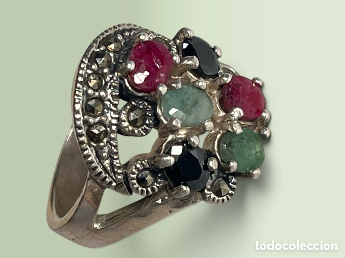 Joyeria: Anillo vintage plata 935 y racimo de puedras y marwuesitas