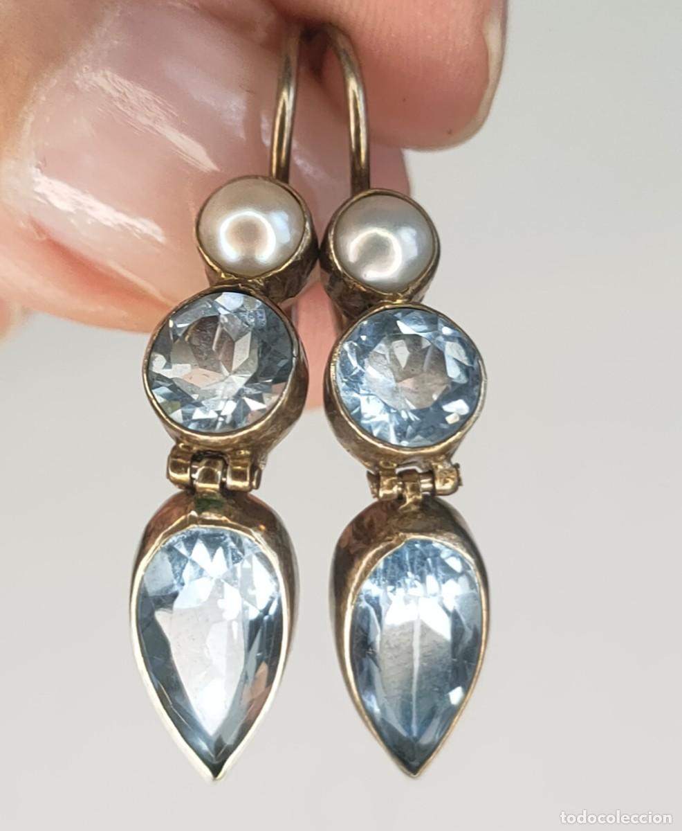 Joyeria: Elegant&iacute;simos Pendientes Articulados de Plata de Ley 925 Dorada - Topacios Azules y Perlas Naturales