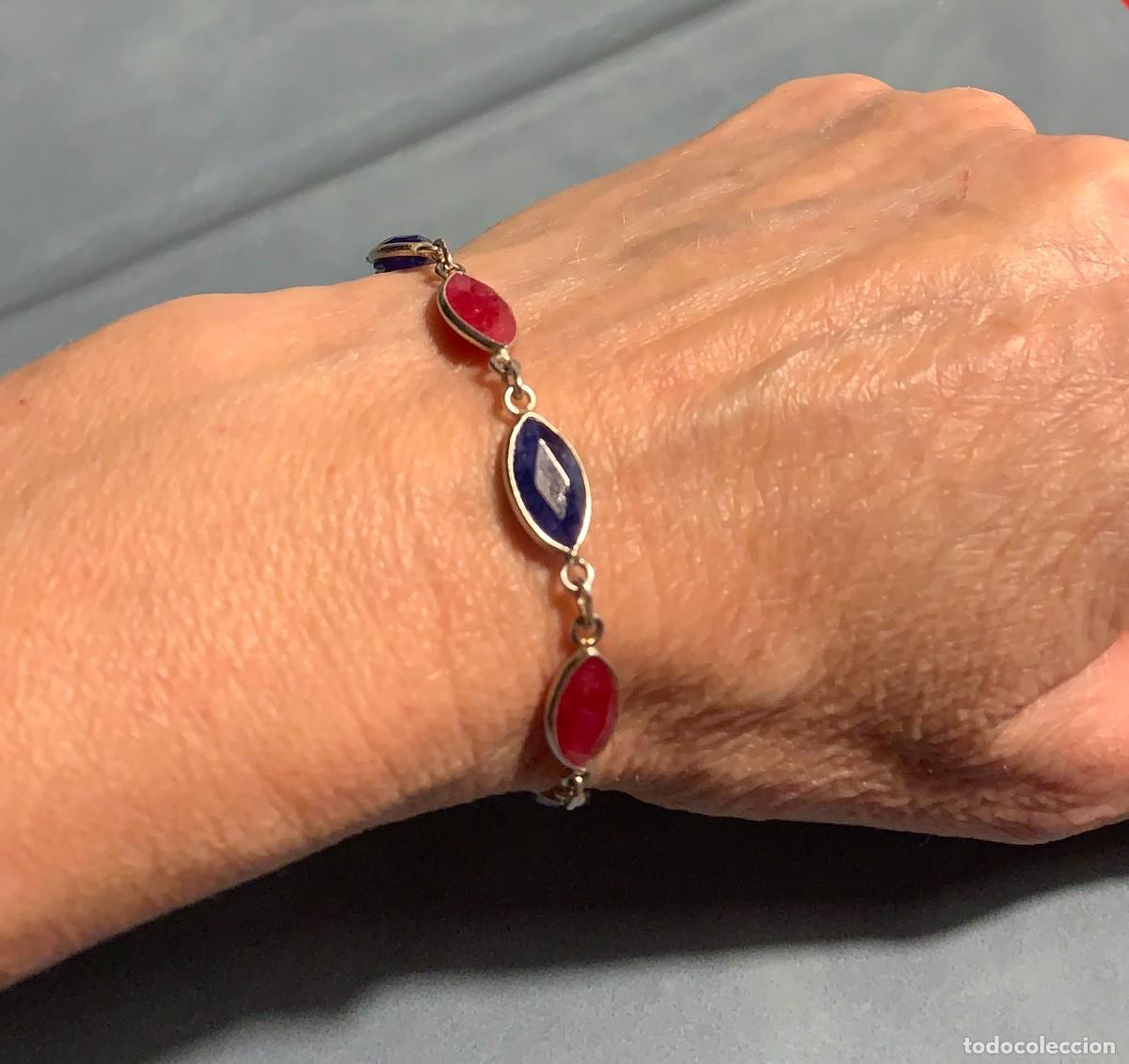 Joyeria: Pulsera de cuentas de rub&iacute; y zafiro azul natural facetado y plata de ley.