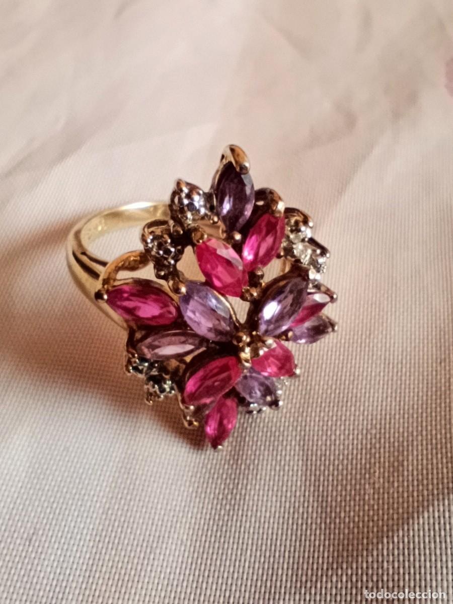 Joyeria: Antiguo anillo de plata vermeil con rub&iacute;es y amatistas genuinas. Sellado y contrastado