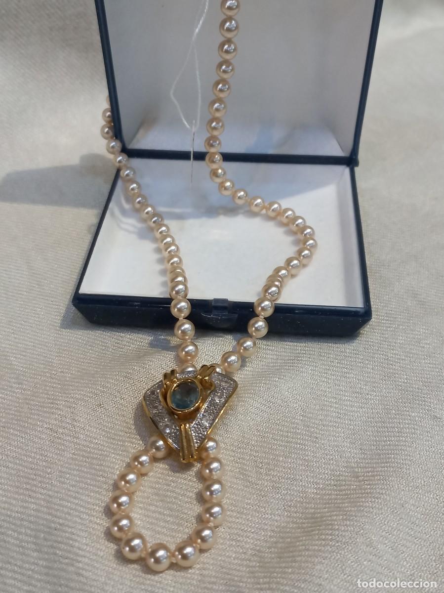 Joyeria: COLLAR PERLAS con CENTRO (optativo) chapado-agua marina (26cm)