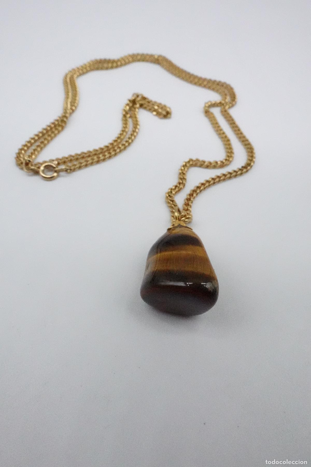 Gioielleria: COLLAR COLGANTE VINTAGE CON PIEDRA OJO DE TIGRE PULIDA Y CADENA DORADA