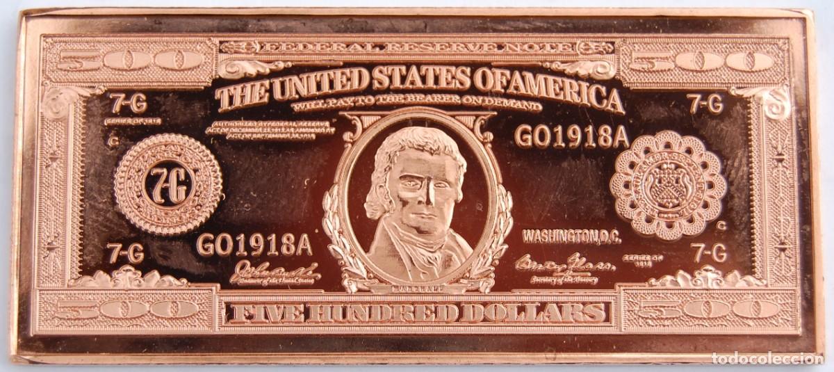 Joaillerie: Lingote de cobre r&eacute;plica de billete USA (Marshall) de 1918 de 500 d&oacute;lares