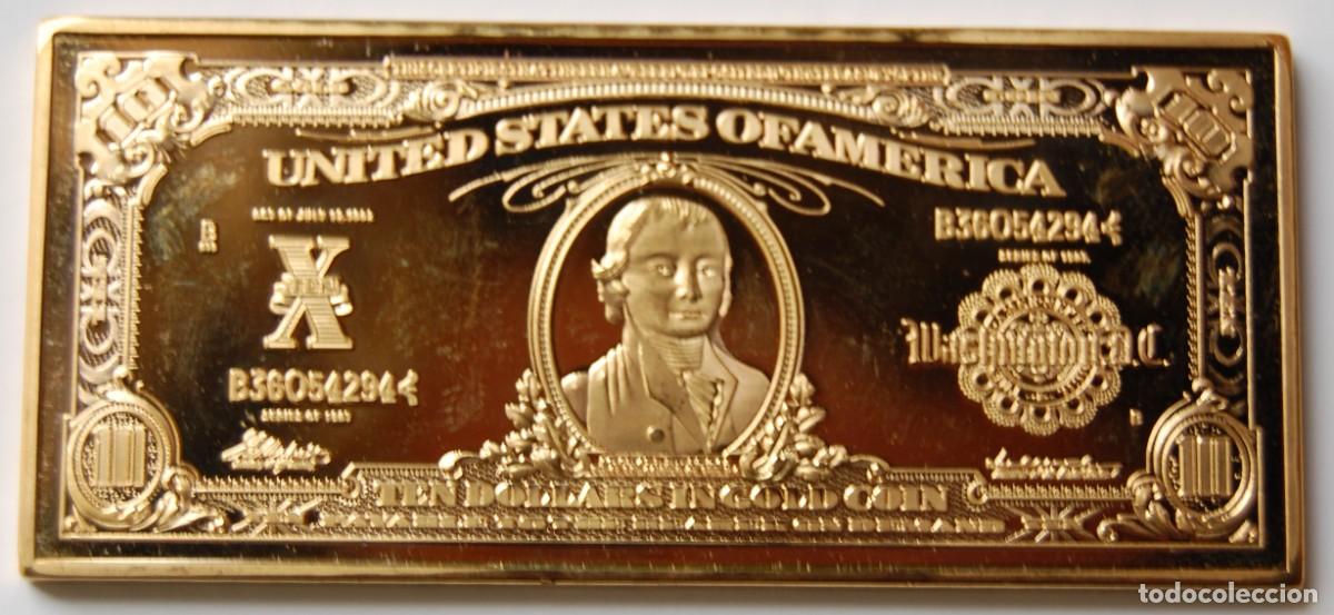 Joaillerie: Lingote de cobre-oro r&eacute;plica de billete USA (Hillegas) de 1907 de 10 d&oacute;lares