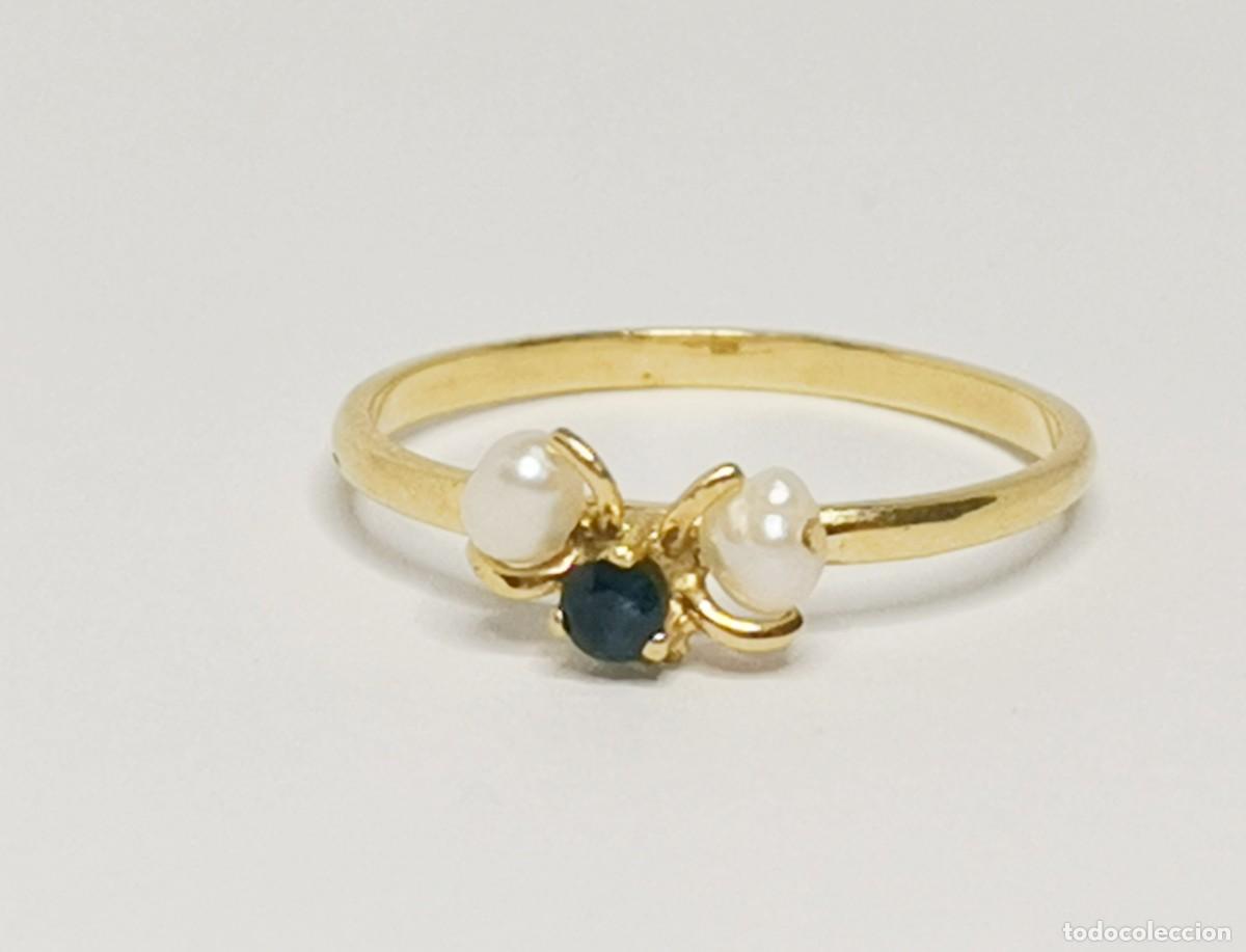 Joyeria: Elegante Anillo de Oro Amarillo de 18kt zafiro Azul y Perlas Cultivadas - Talla 13 (Tatum) 1,45 gr