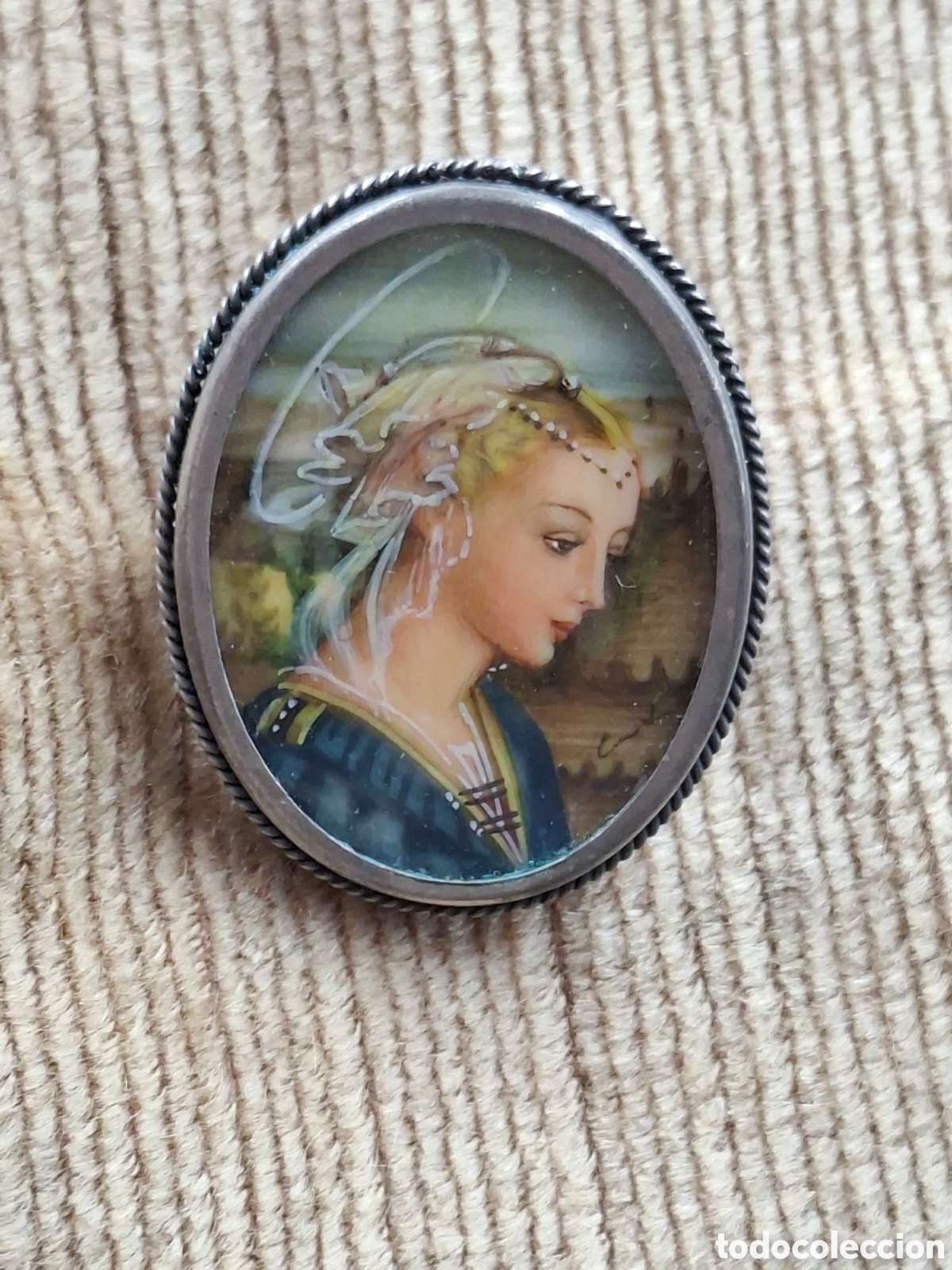 Jewelry: Antiguo Medall&oacute;n broche colgante camafeo Plata 800 con miniatura Femenina Pintado a Mano. Circa 1900