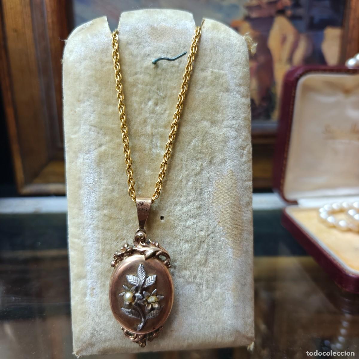 Joyeria: Antiguo Medall&oacute;n / Colgante de Oro de 14K Motif Floral Art Nouveau con Cadena - S. XIX / S. XX