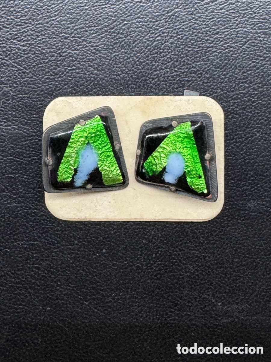 Joyeria: Gemelos Vintage Brutalist Esmalte al fuego Verde &Aacute;cido - Plata. &Uacute;NICOS. ARTESANOS
