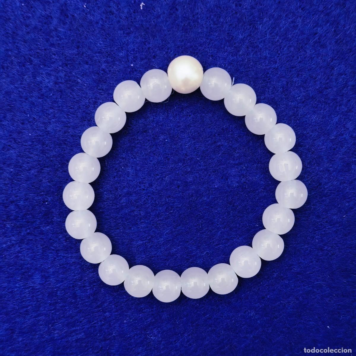 Gioielleria: PULSERA ELASTICA PIEDRAS AZUL AGUAMARINA Y PERLA CULTIVADA. BOLA 8.5 MM