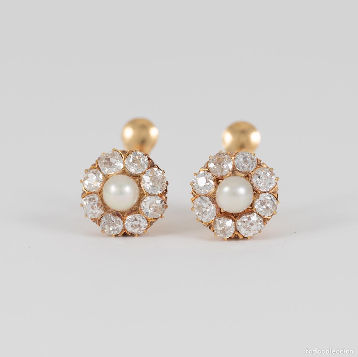 Joyeria: Pendientes antiguos en oro amarillo 18k con diamantes 1.6ct y perlas