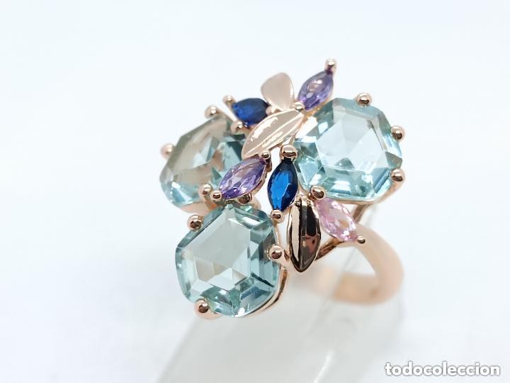 Joyeria: Impresionante anillo en oro de 14k con aguamarinas creadas engastadas en garras