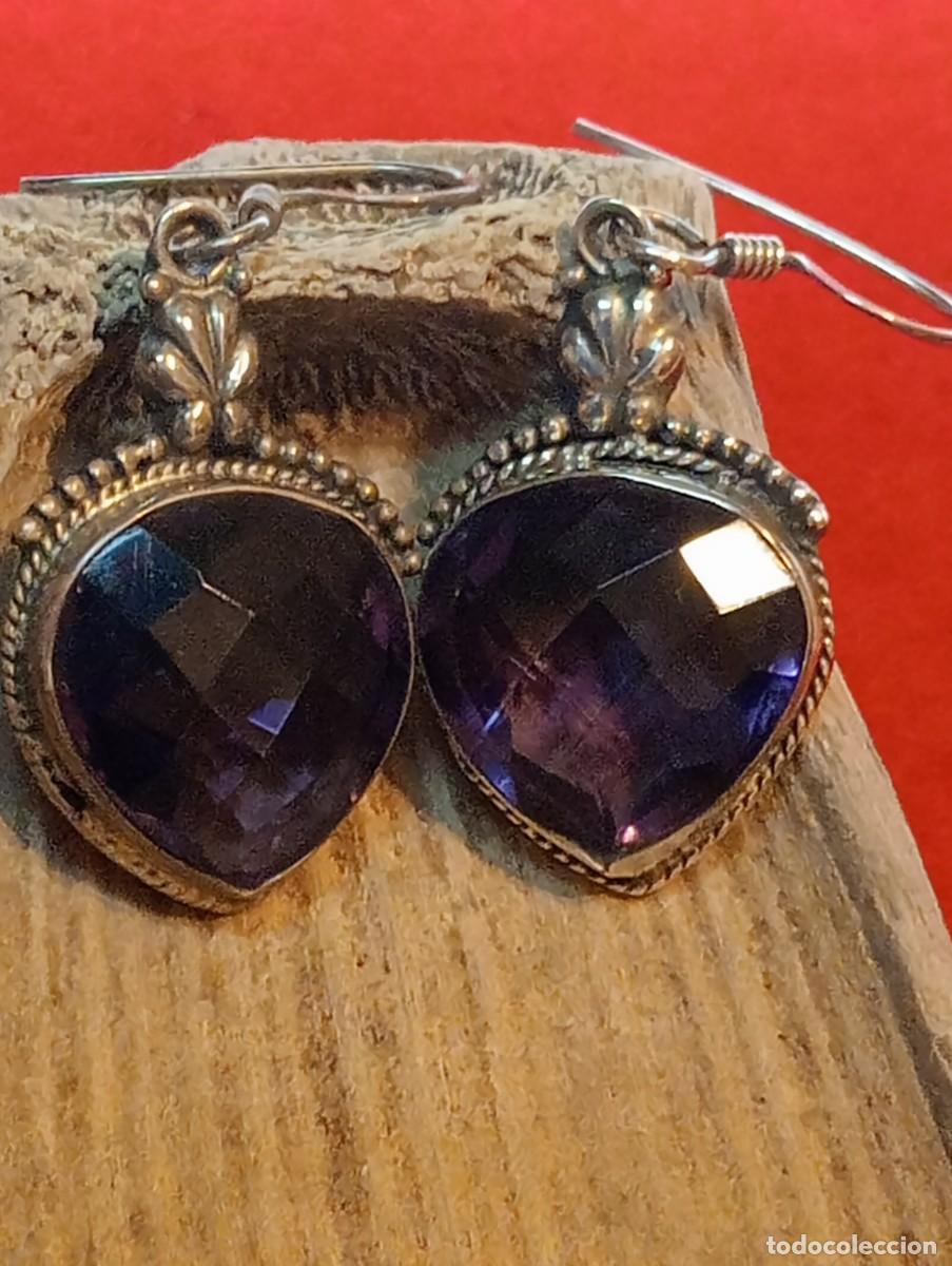 Joyeria: ANTIGUOS PENDIENTES DE PLATA MACIZA CON CORAZON DE AMATISTA
