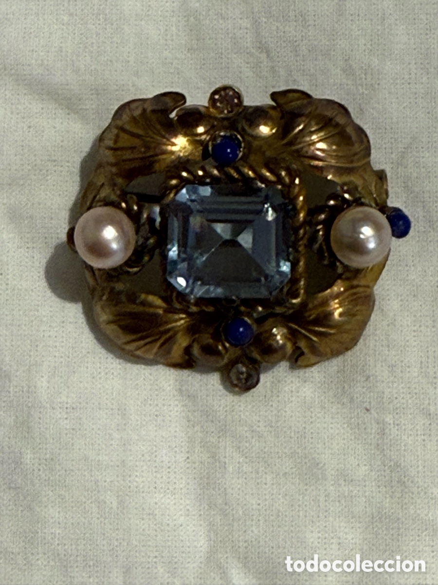 Joyeria: Antiguo broche Modernista ca. 1900 &ndash; Gran piedra azul, perlas y decoraci&oacute;n vegetal