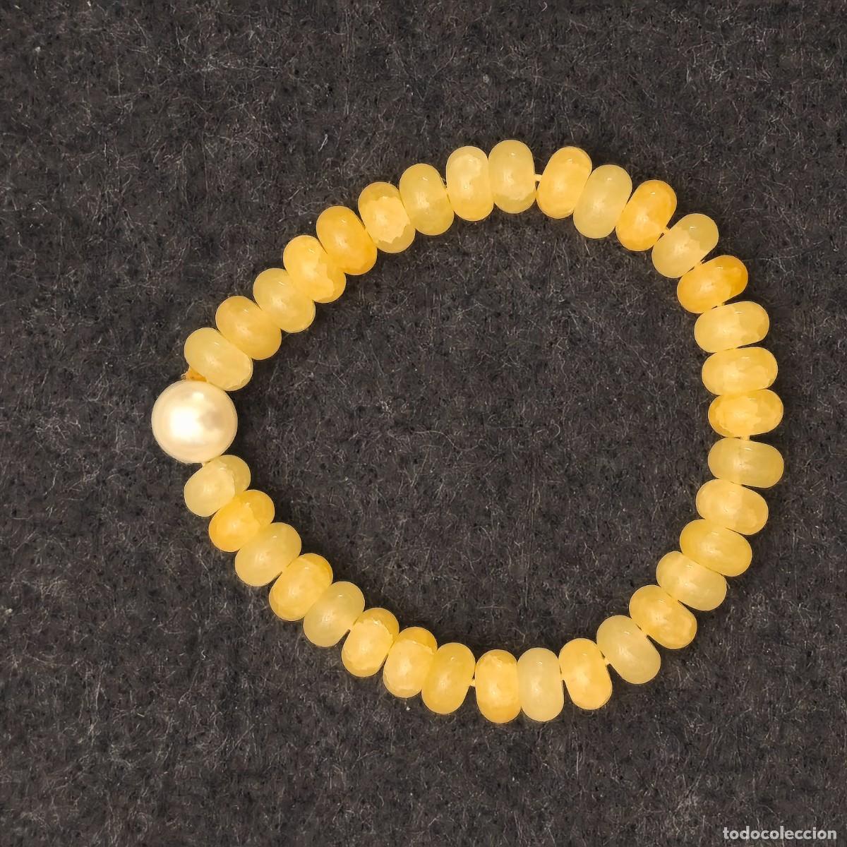 Jewelry: PULSERA ELASTICA PIEDRAS DONUTS 8,5 MM FLUORITAS AMARILLAS Y PERLA CULTIVADA