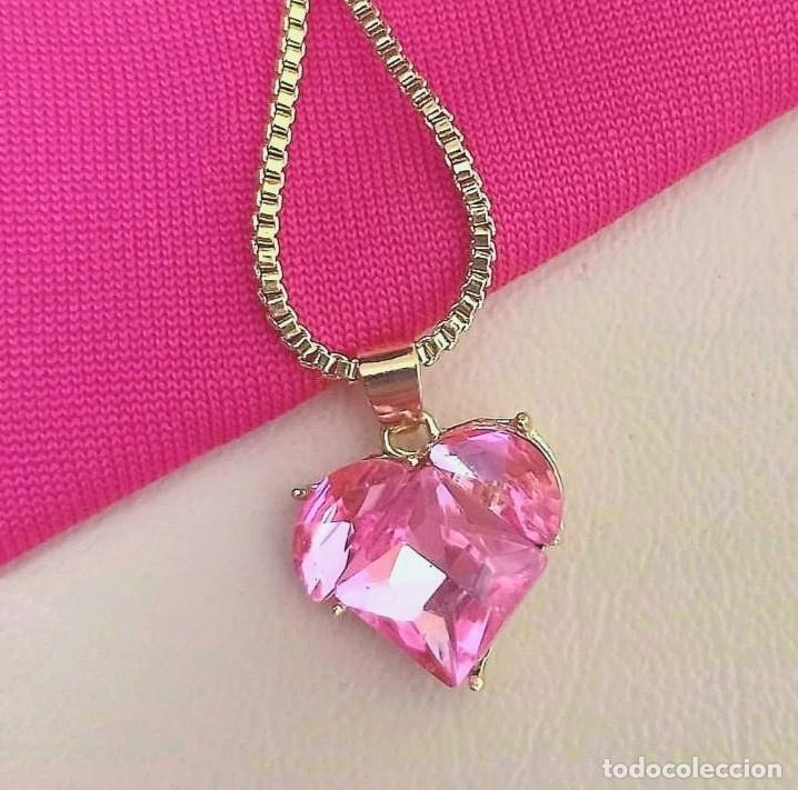 Gioielleria: Original colgante coraz&oacute;n rosa transparente+cadena cuadrada dorada. Muy bonito