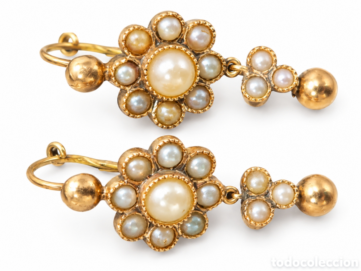 Joyeria: Pendientes antiguos xix de oro de 18K con perlas - Foto 1