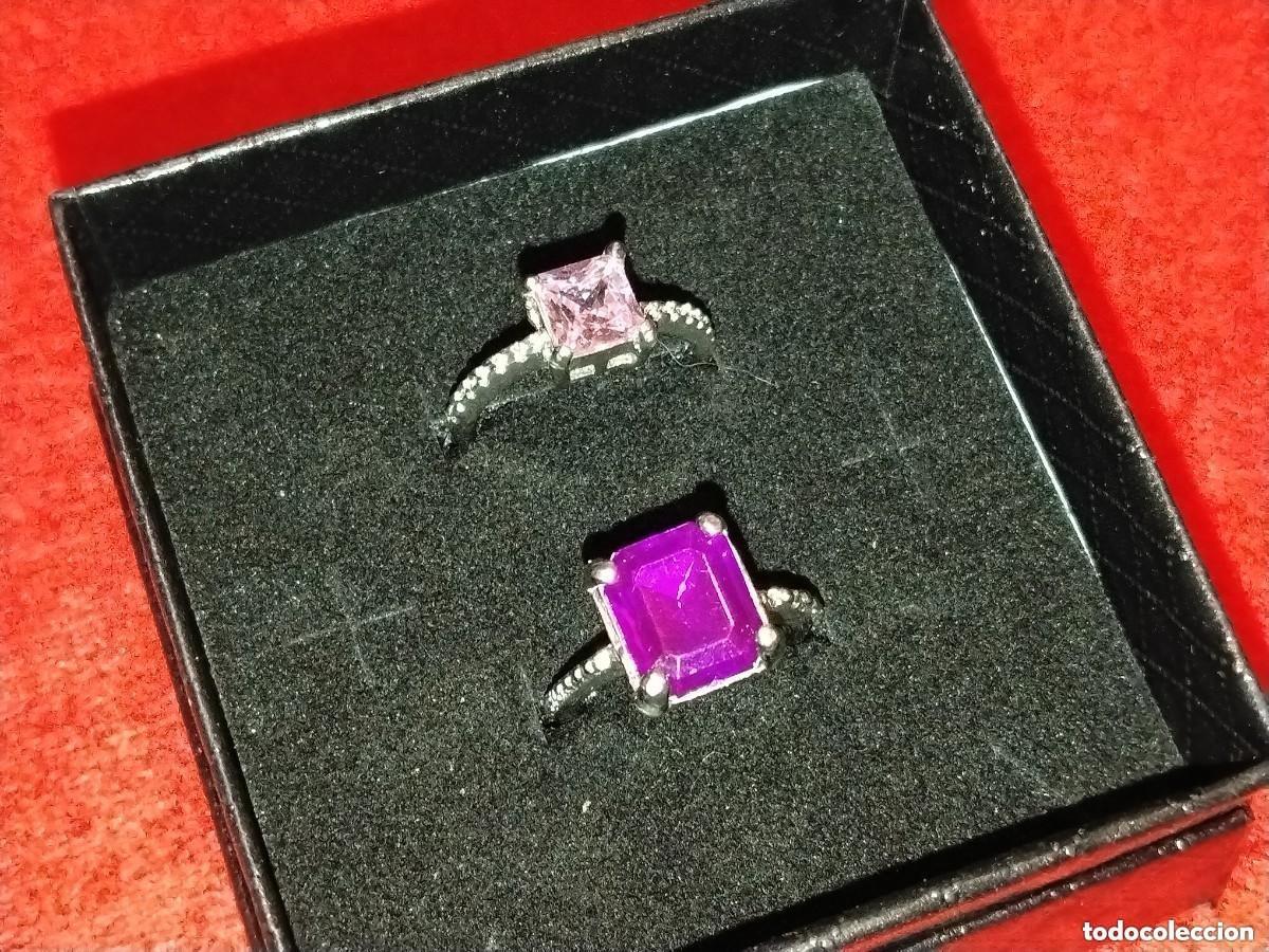Schmuck: PRECIOSO CONJUNTO DE 2 ANILLOS,ACERO INOX Y CUARZO LILA Y ROSA GRANDES DISE&Ntilde;ADORES - N&ordm; 19 Y 14