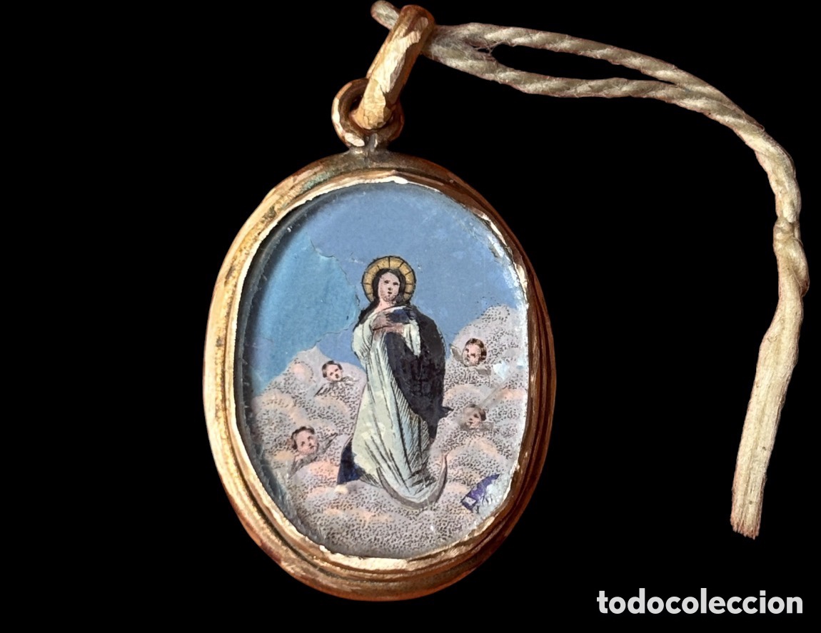 Schmuck: MEDALLA S. XIX VERRE &Eacute;GLOMIS&Eacute; (CRISTAL PINTADO INVERTIDO). INMACULADA Y QUERUBINES. FRANCIA. 2X1,5CM