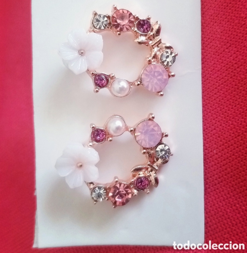 Gioielleria: Originales pendientes de bot&oacute;n color oro rosa de flores e incrustaciones brillantes rosa y blanco 1,