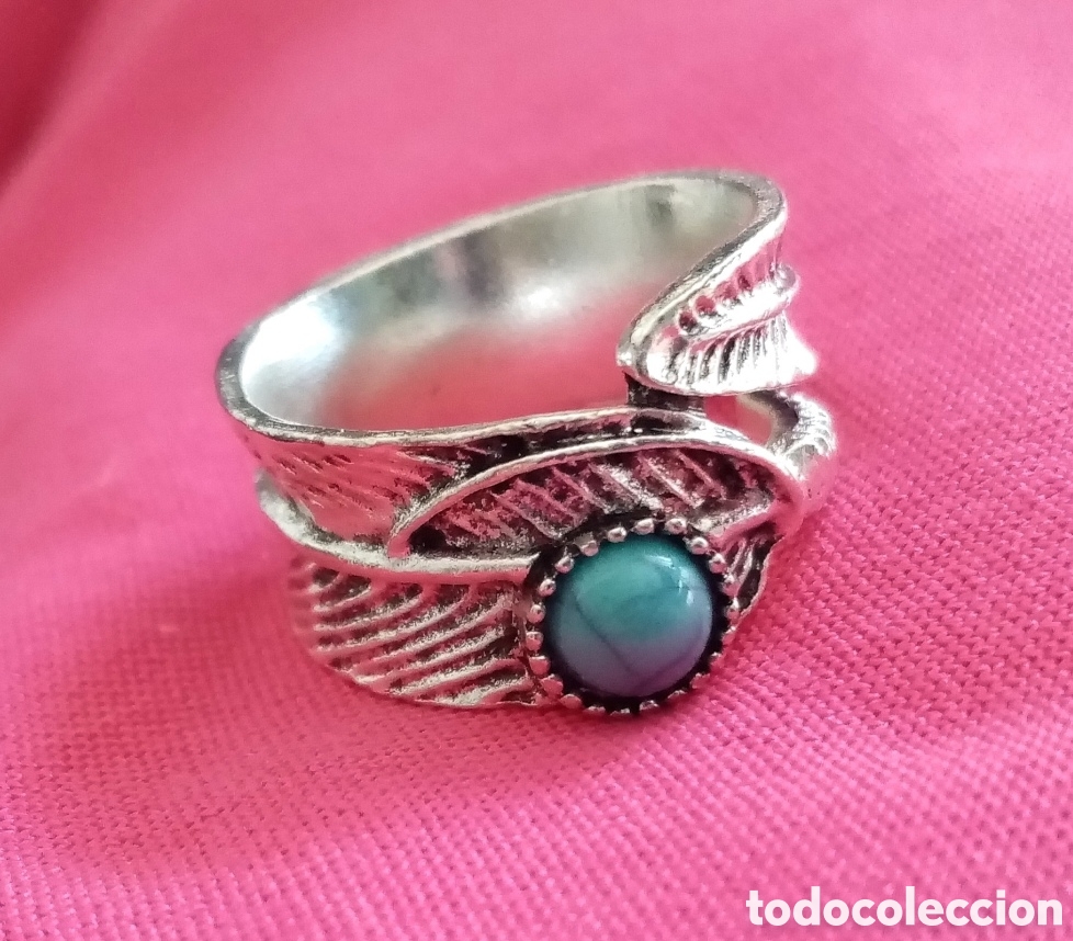 Joalharia: Original anillo color plata vieja pluma envolvente de dedo con peque&ntilde;a piedra azul turquesa 18mm di&aacute;