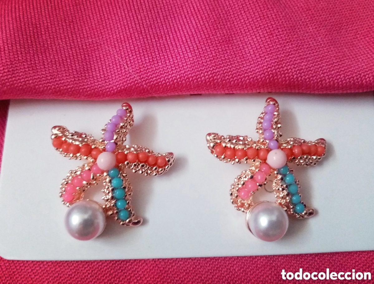 Joalharia: Originales pendientes de bot&oacute;n color estrella de mar de colores y perla sint&eacute;tica. 2cm. Muy bonitos