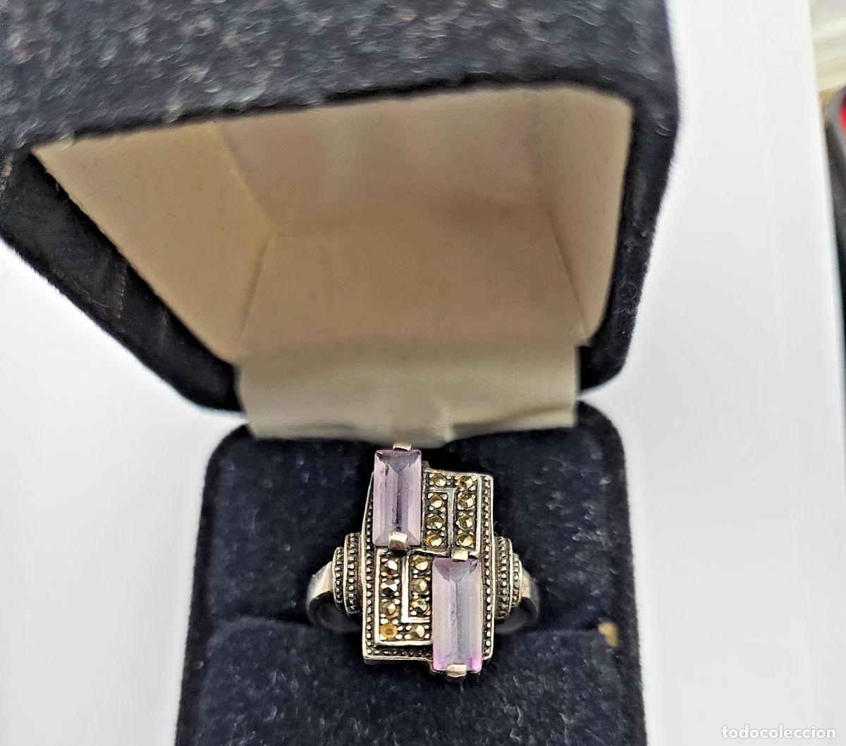Joyeria: ART DECO BAGUE MARCASSITES 2 AMETHYSTES RECTANGULAIRES EN ARGENT 925