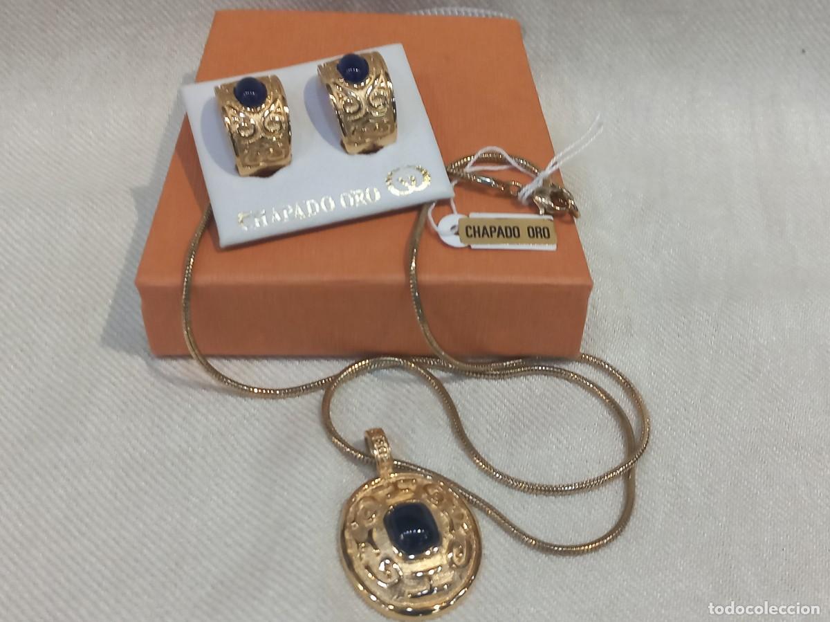 Joyeria: GARGANTILLA Y PENDIENTES roset&oacute;n &uml;egipcio&uml; relieve con piedra azul