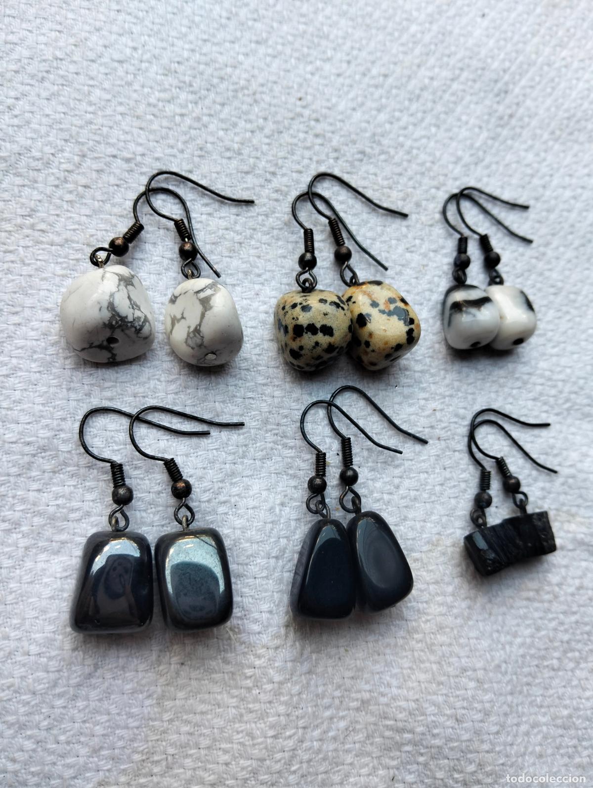 Joaillerie: Lote pendientes de piedra mineral de colores cuentas redondas blanco negro cierre de plata de ley